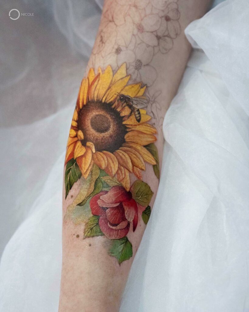 Bee With Rose And Watercolor Sunflower Tattoo