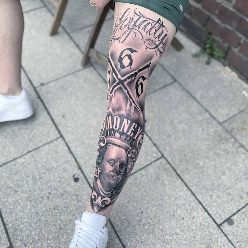 Benjamin Franklin Leg Sleeve Tattoo