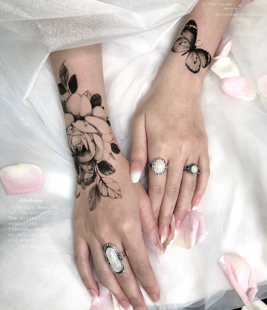 Butterfly Flowers Rose Tattoo Idea