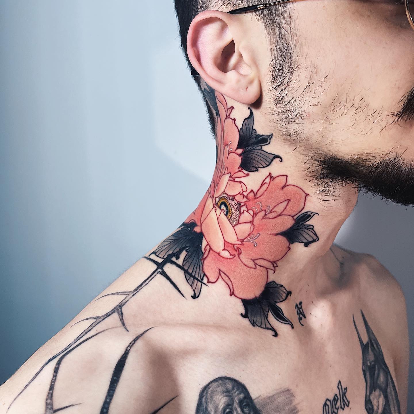Tattoo uploaded by Tattoodo • Floral tattoo by Goyo #Goyo #floraltattoos # floral #flower #flowertattoos #plants #nature #petals #illustrative #peony # neck #leaves #rose #blackandgrey • Tattoodo