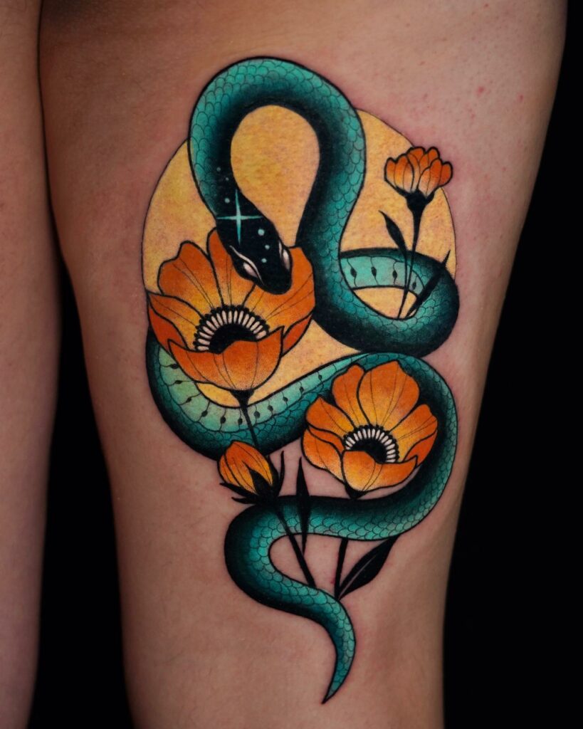 Premium Vector  Tattoo art snake and flower hand drawing and sketch