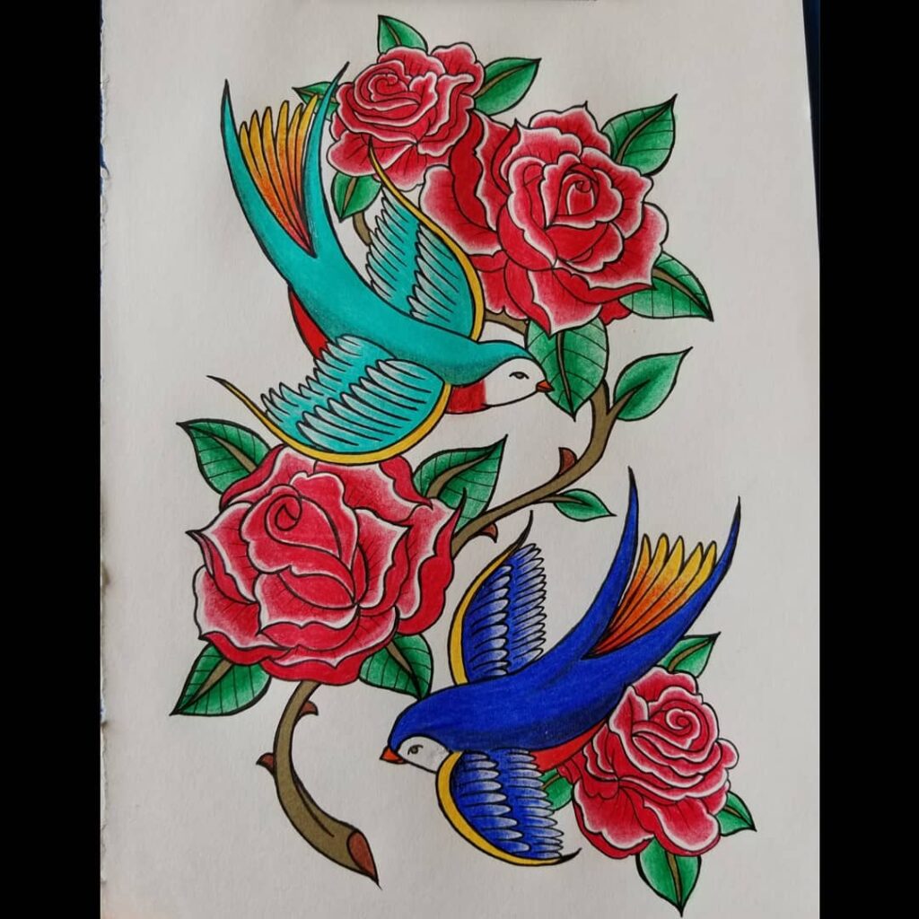 Birds and Rose Tattoo Coloring Pages