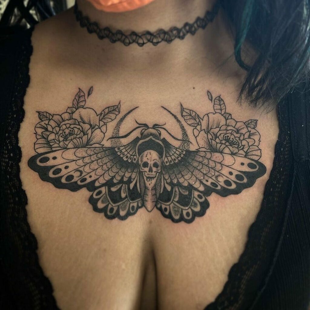 traditional black linework tattoo with banner of a moth 11785323 Vector Art  at Vecteezy