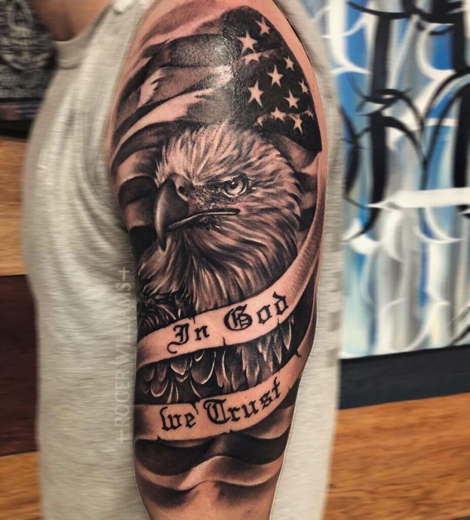 Black And White American Flag Shoulder Tattoo