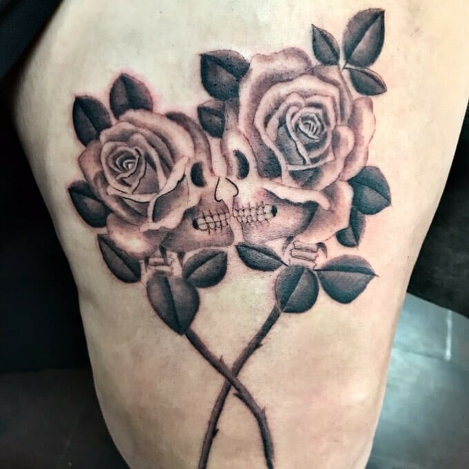 Black And White Skull And Rose Tattoo