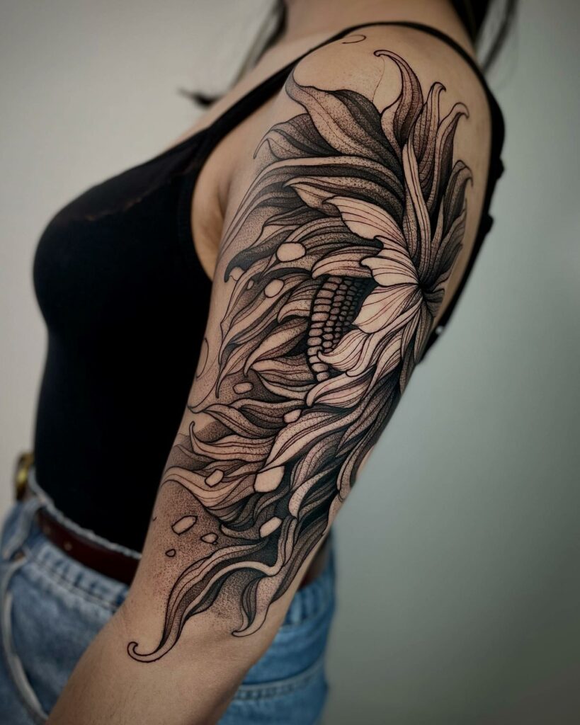 Black And White Sunflower Tattoo Shoulder
