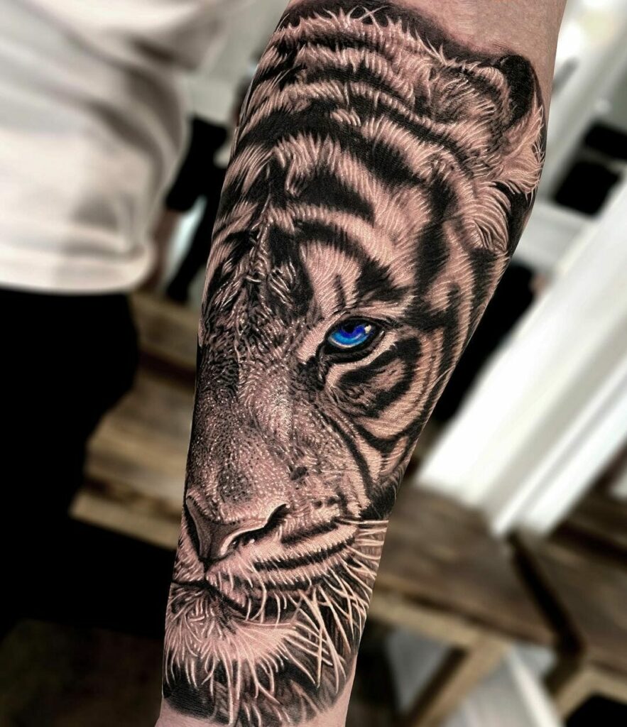 Black And White Tiger Forearm Sleeve Tattoo