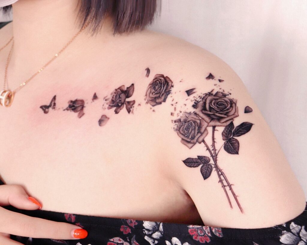 Breaking Rose And Butterfly Tattoo on Shoulder