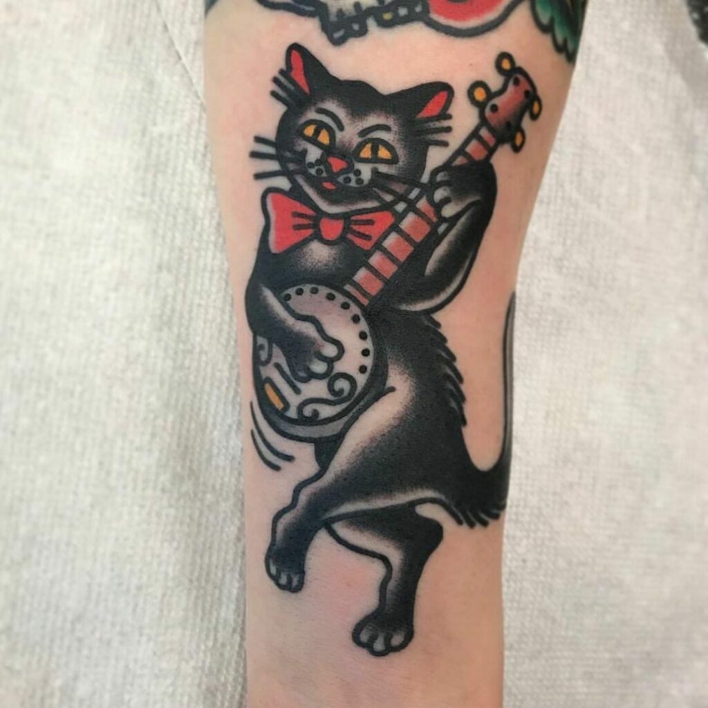 Black Cat Playing Banjo Design Tattoo
