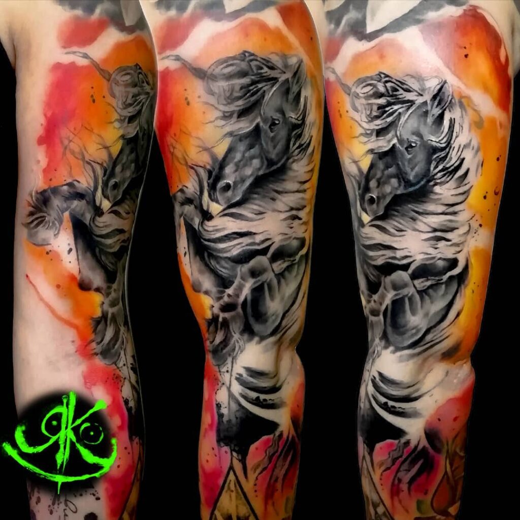 Grey Ink Horse Tattoo On Right Sleeve