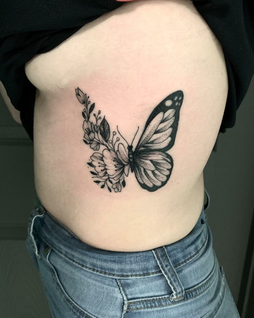 Black Ink Butterfly Rib Tattoo