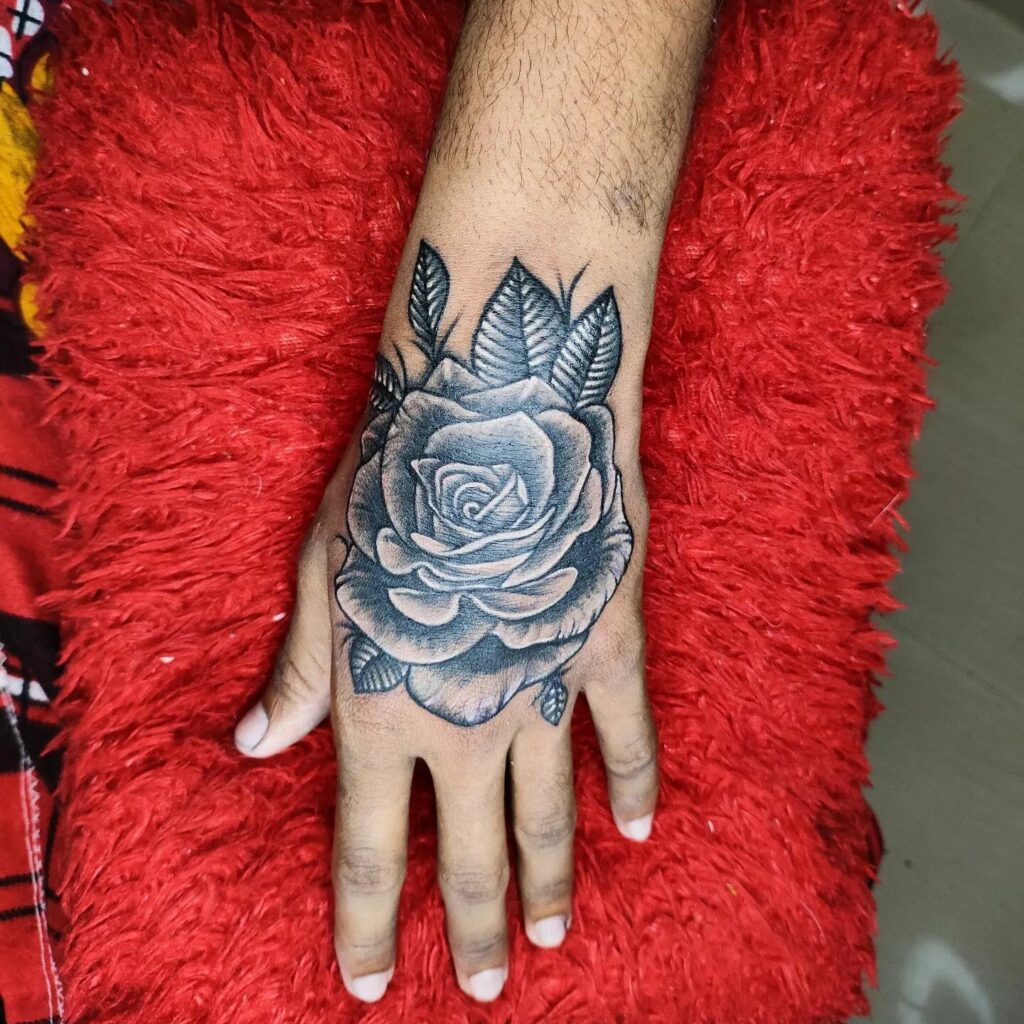 Black Ink Rose Tattoo Stencil For Hand