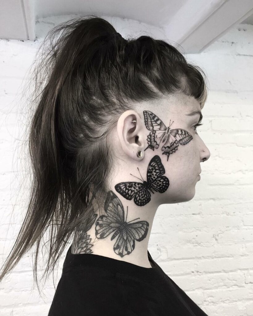 Face Butterfly tattoo on side neck