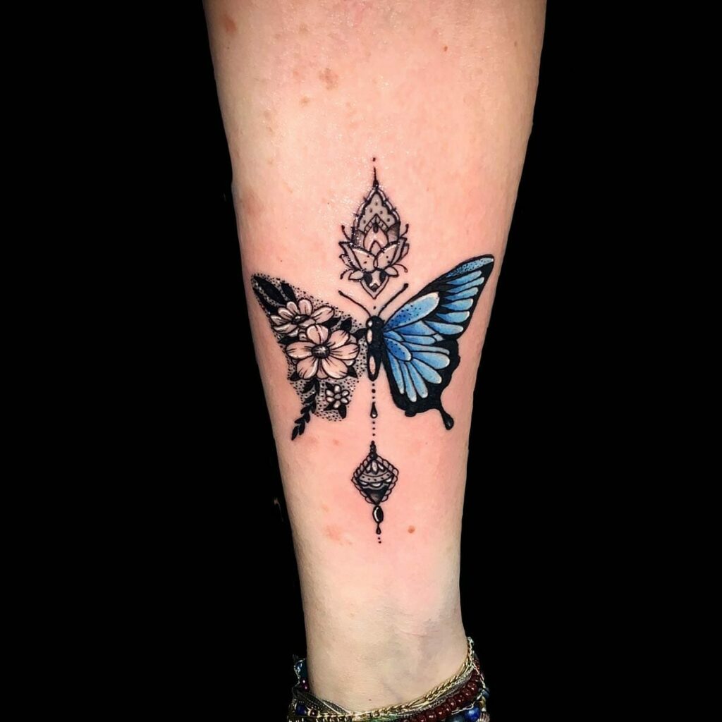 Blue Butterfly With Flowers Tattoo Drawing