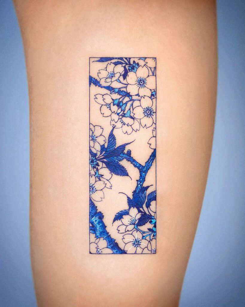 Blue Frame Cherry Blossom Tattoo