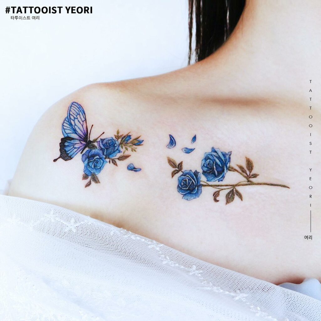 Microrealistic half butterfly half roses tattoo on the