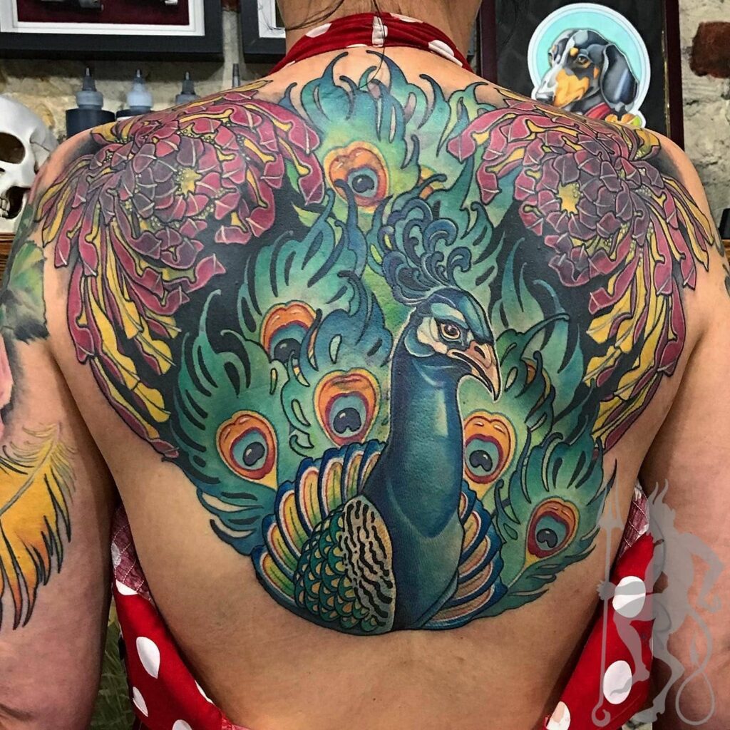 Bold Full-back Peacock Tattoo