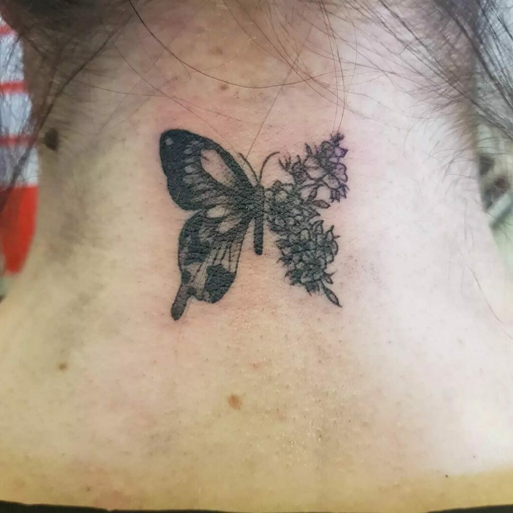 Butterfly Back of the Neck Tattoo