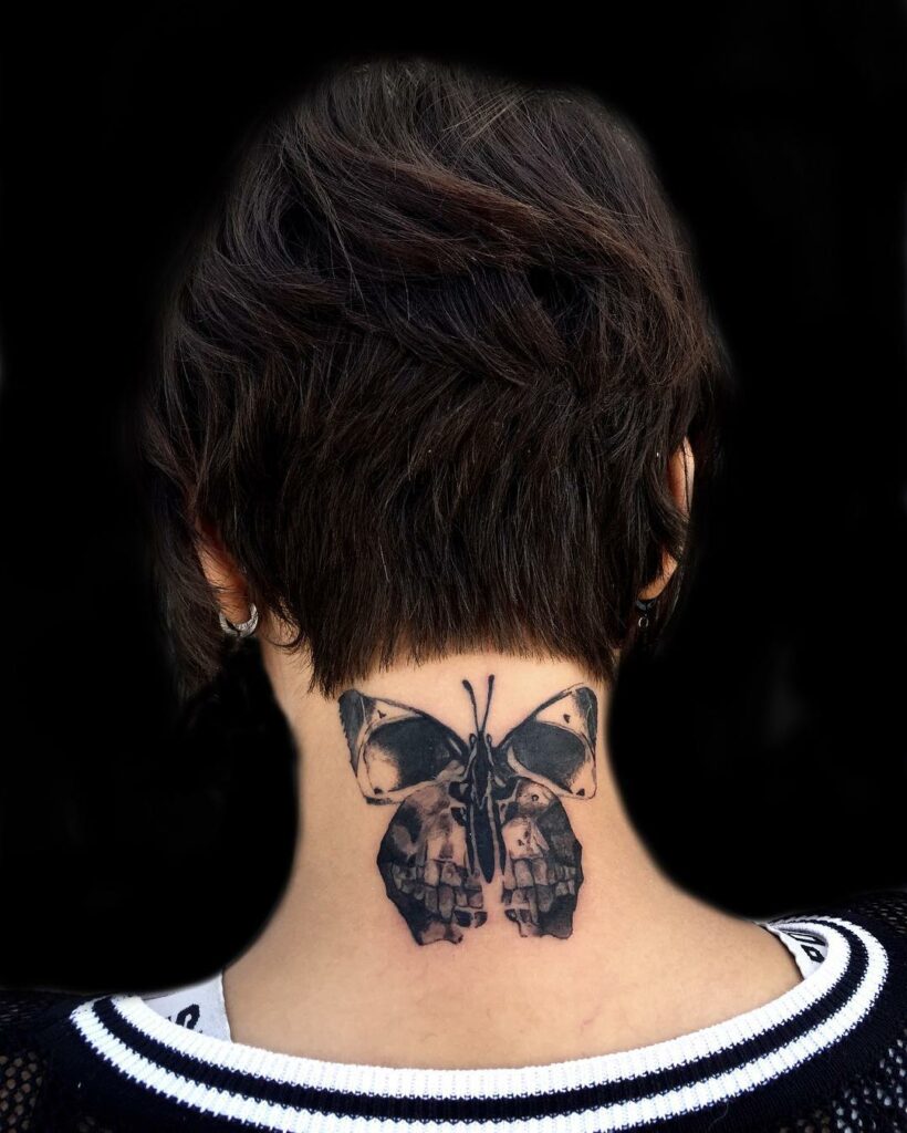 Butterfly Skull Back Neck Tattoo