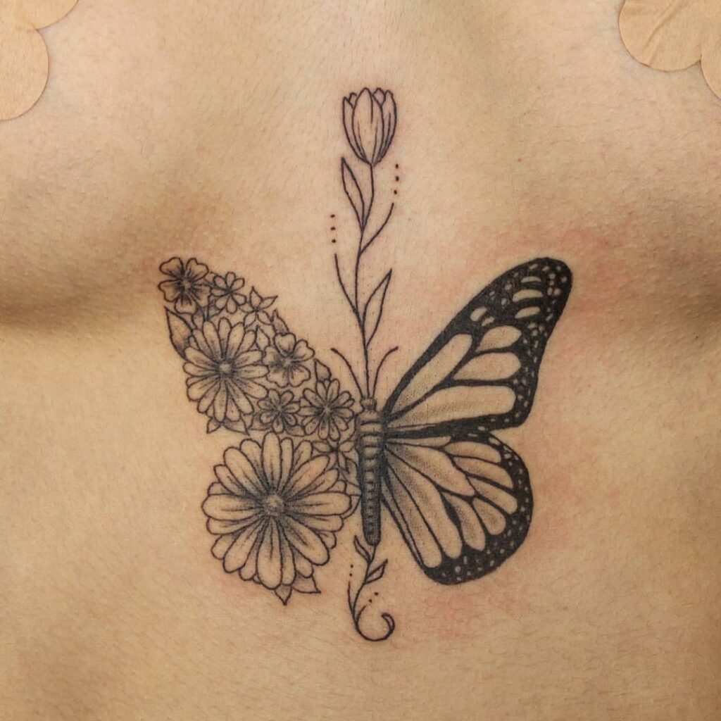 Butterfly Sternum Tattoos With Floral Designs