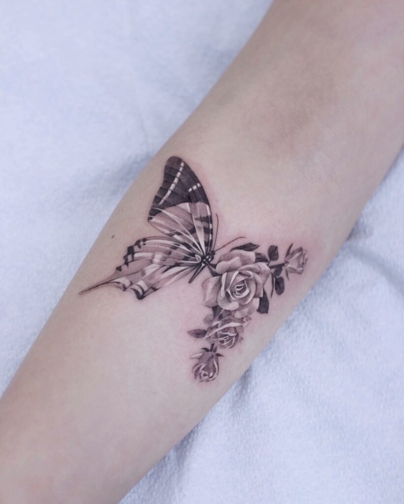 Butterfly Tattoo Ideas With Black And White Rose Tattoo