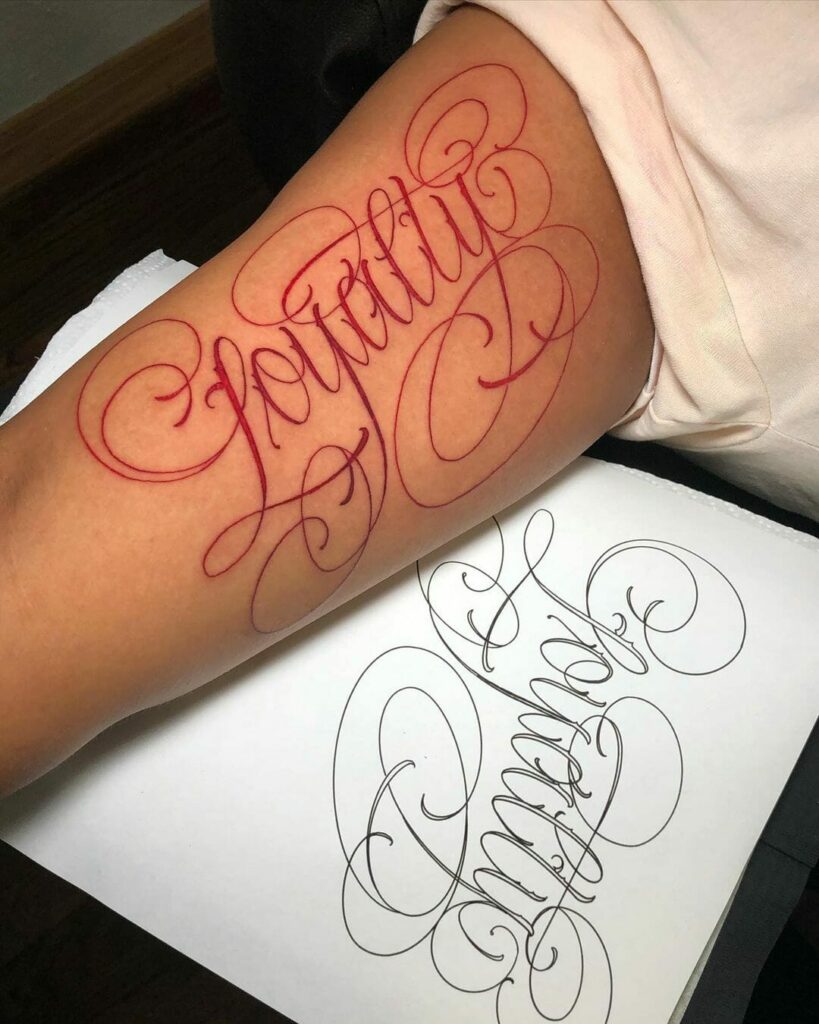 11 Brown Skin Tattoo Ideas That Will Blow Your Mind   Calligraphy In Red Ink Tattoo For Brown Skin 819x1024 