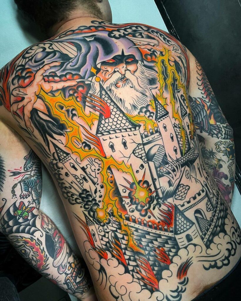 Castle Full Back Tattoo For Magic Lovers