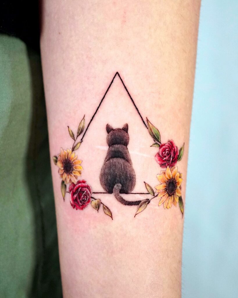 Cat, Rose, And Sunflower Tattoo Ideas