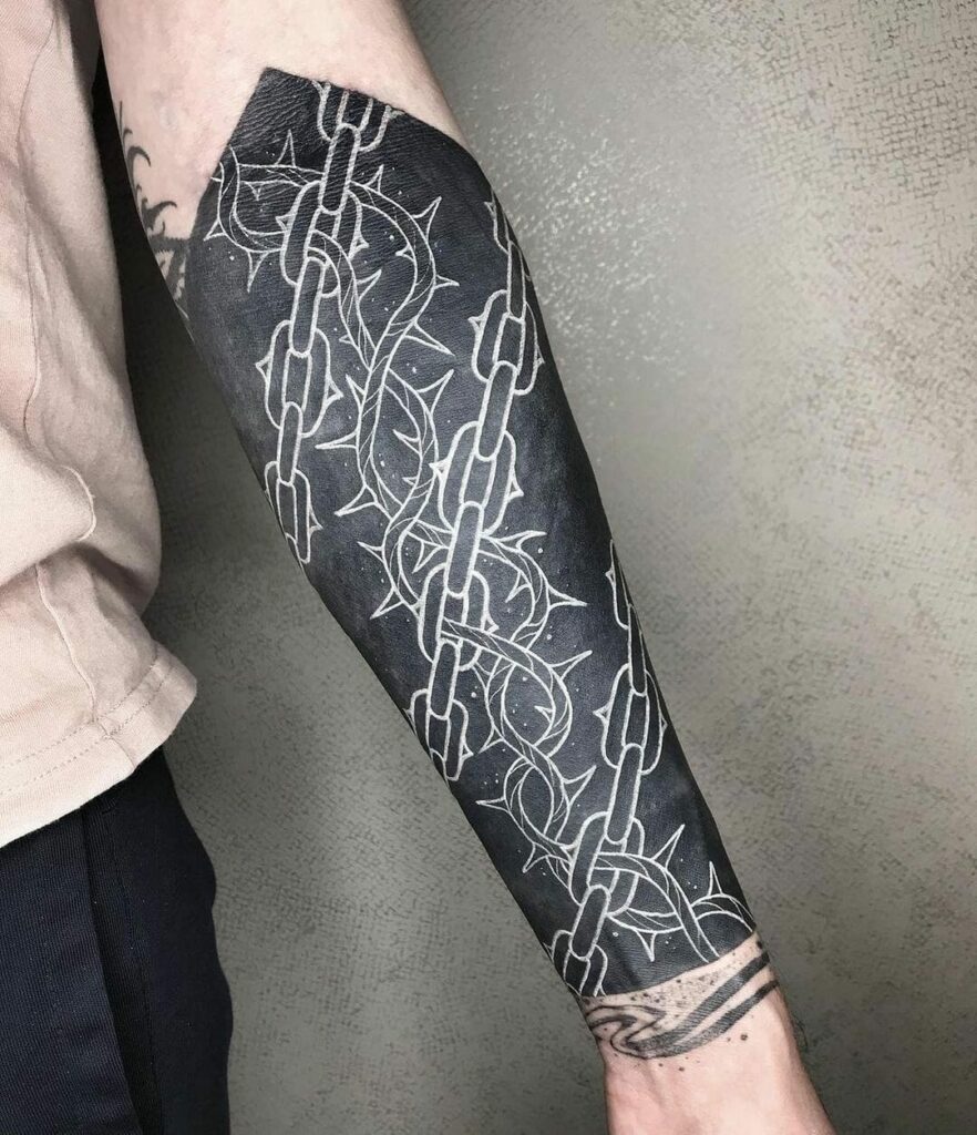 Black Ink Chain Tattoo On Man Sleeve