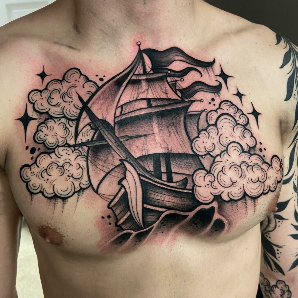 Chest Tattoo Of A Pirate Ship