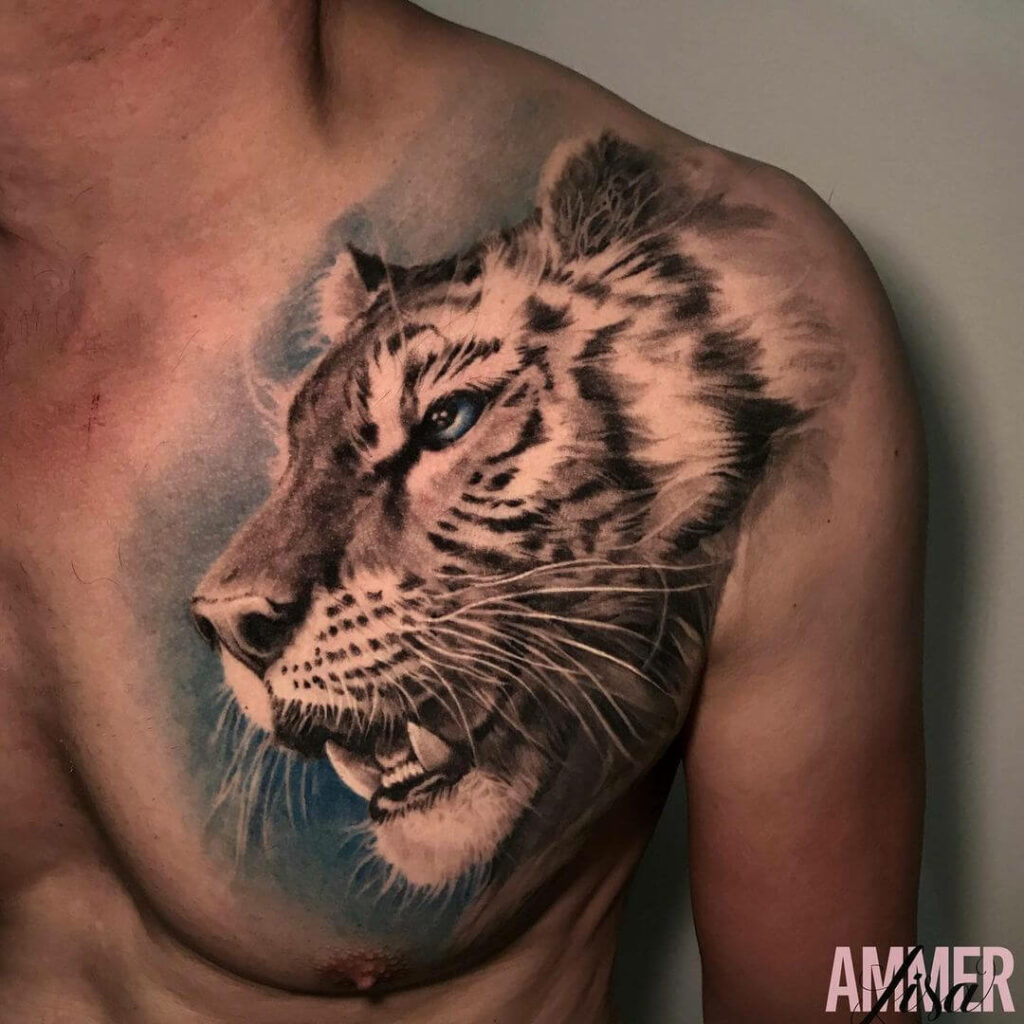 tiger face chest tattoo