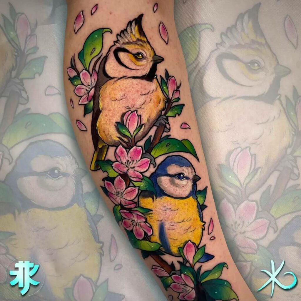 Chickadee With Flowers & Leaves Tattoo 