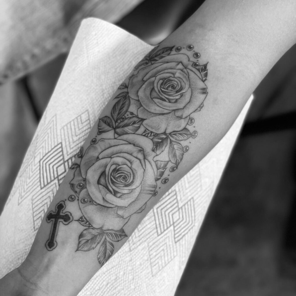 Christian Faith Roses And Holy Rosary Tattoo Design