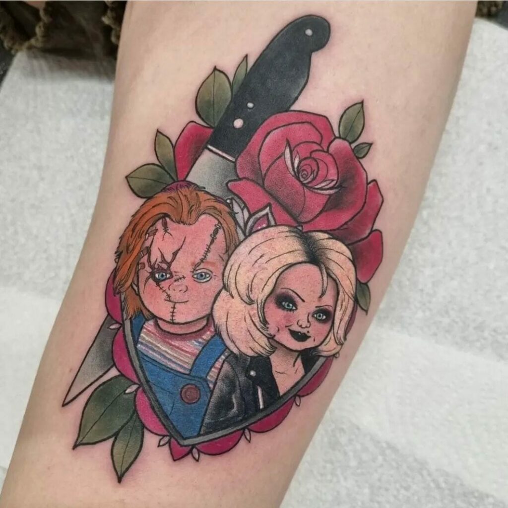 Chucky And Tiffany Doll Temporary Tattoos With Flowers