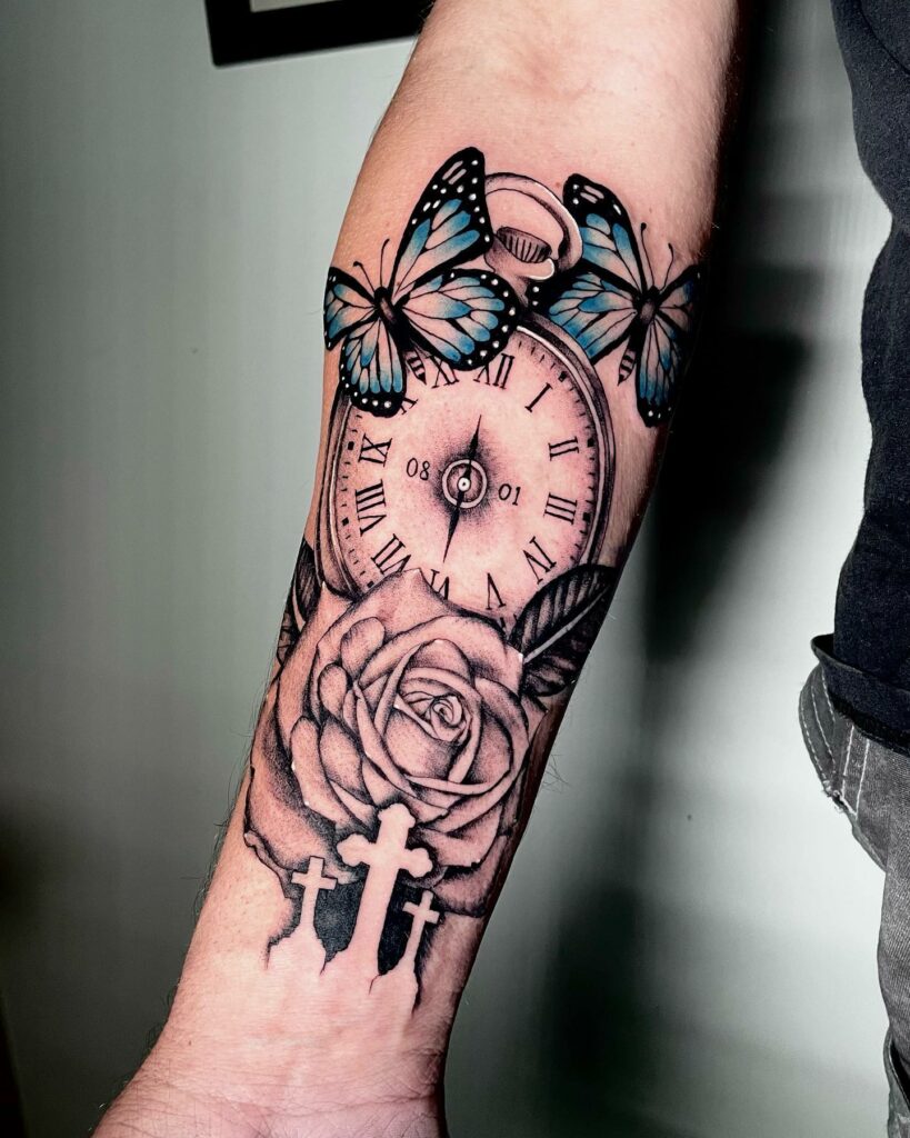 Premium Vector  Clock art with butterfly tattoo
