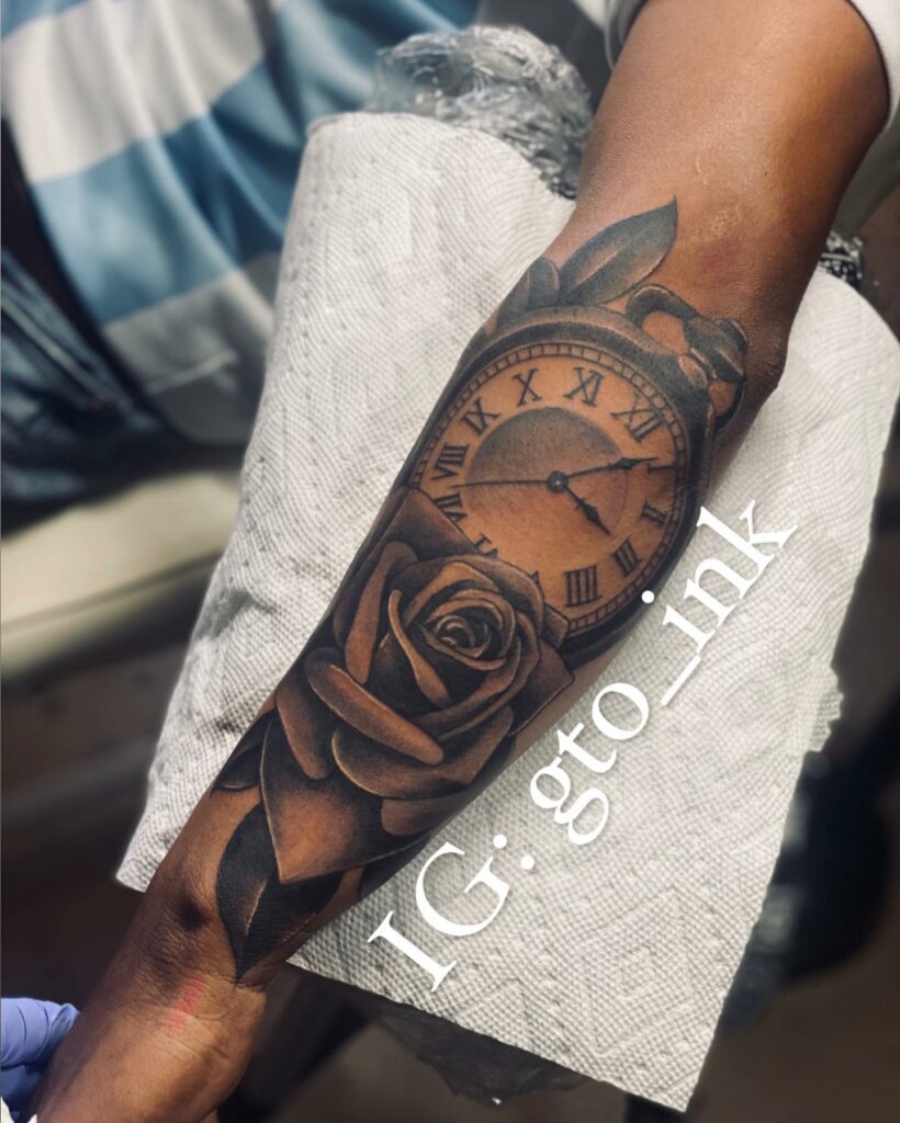 Clock Tattoo With Rose