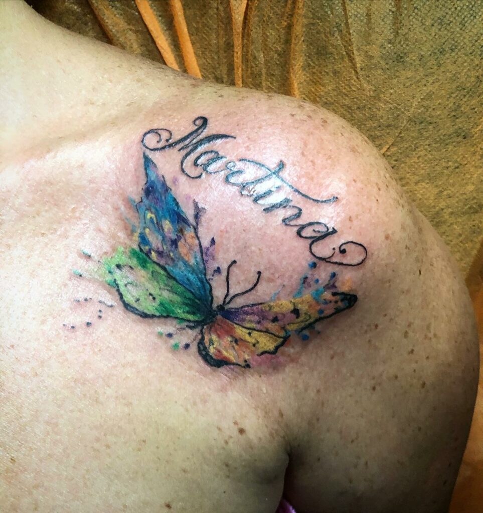 Colorful Butterfly Tattoo With Name
