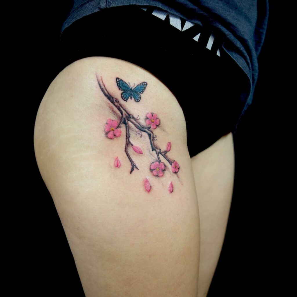 Colorful Flower Tattoo On Thigh