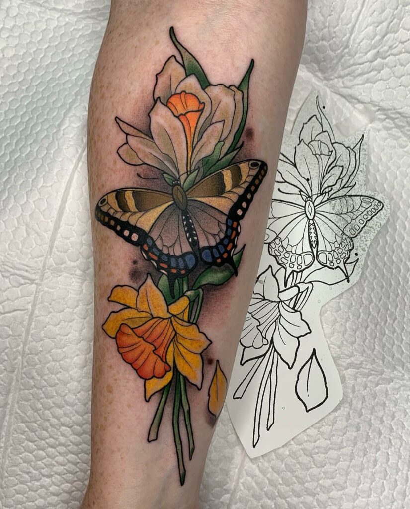 Colorful Flowers With Butterfly Tattoo