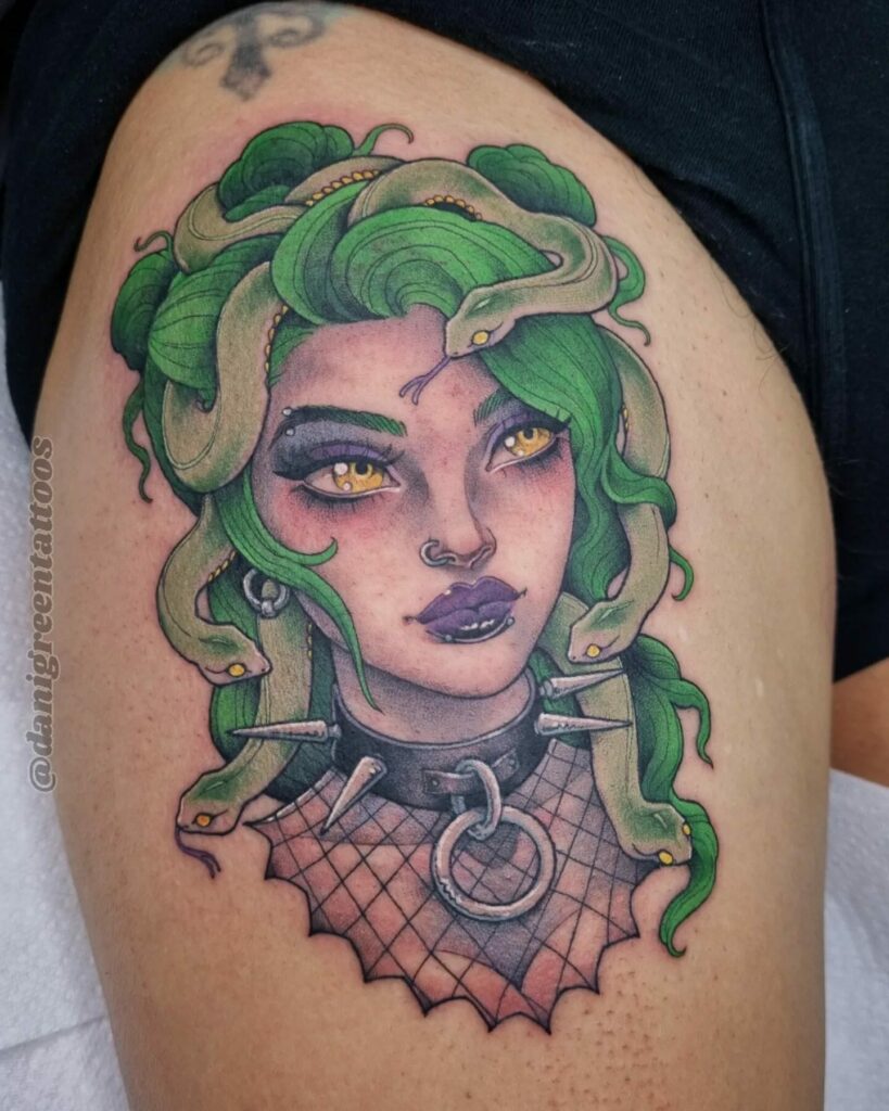 Colorful Medusa Tattoo On Thigh