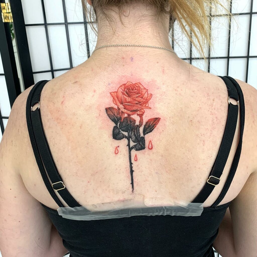 Colorful Red Rose Stem Tattoo