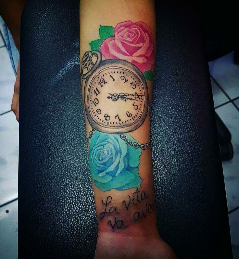 Colorful Rose and Clock Tattoo Design