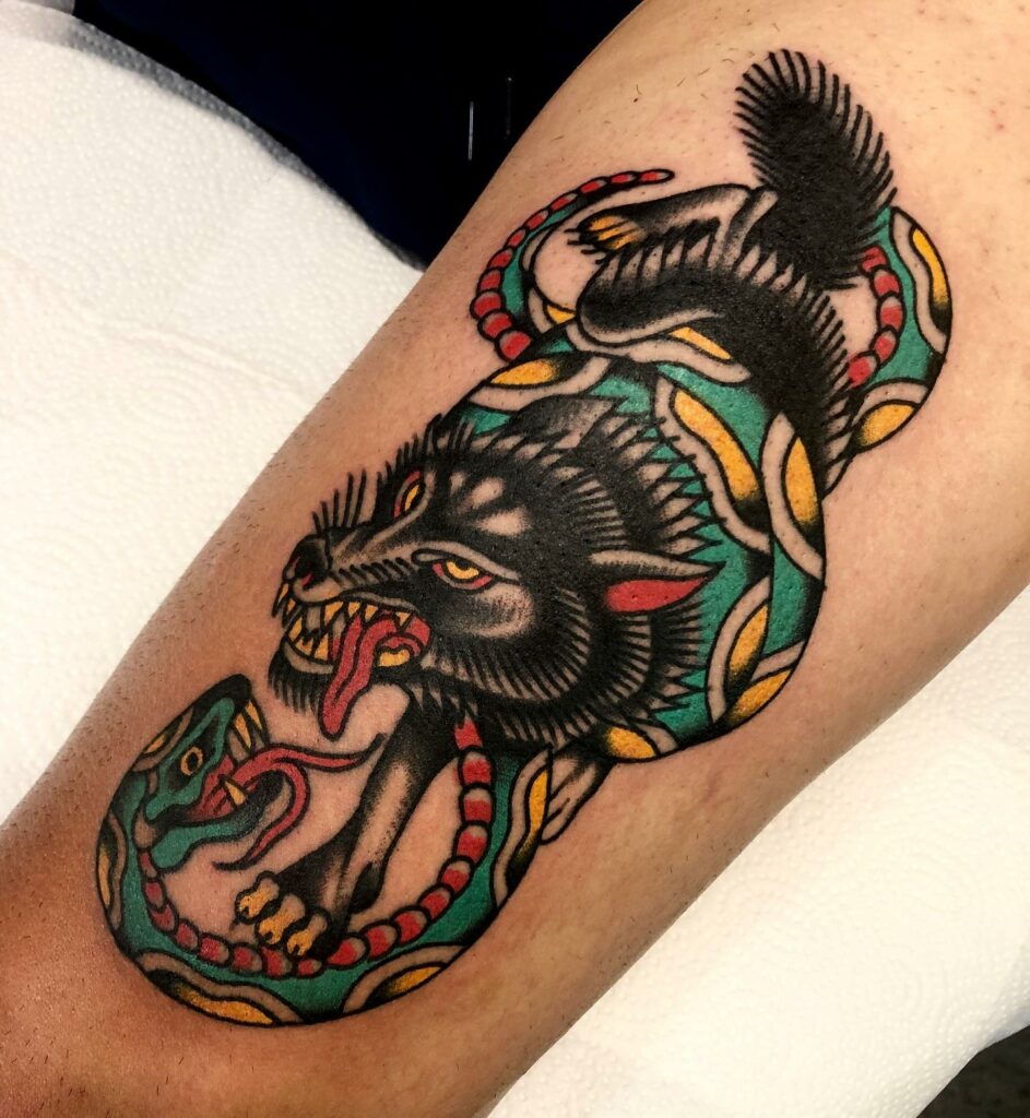 Colorful Traditional Japanese Snake Tattoo For Thigh And Leg