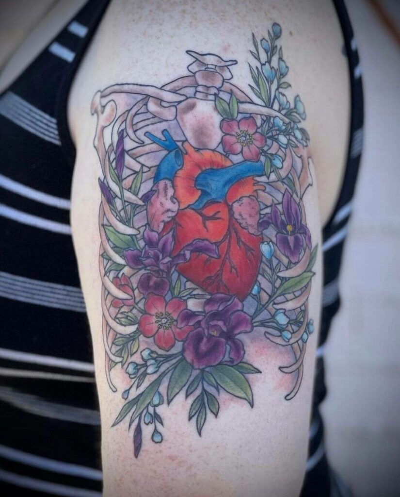 Colourful Heart And Ribcage Anatomy Tattoo 