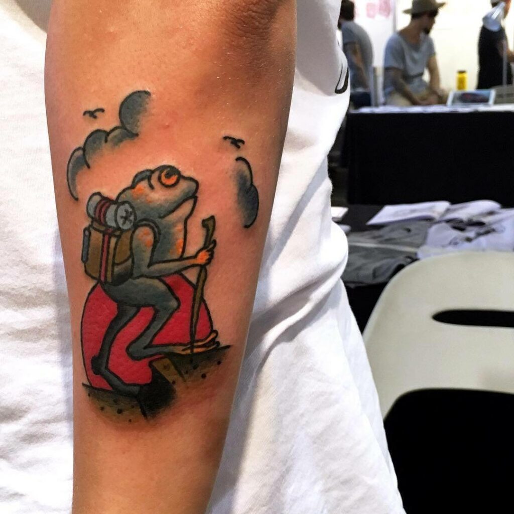 Colourful Hiker Frog Tattoo