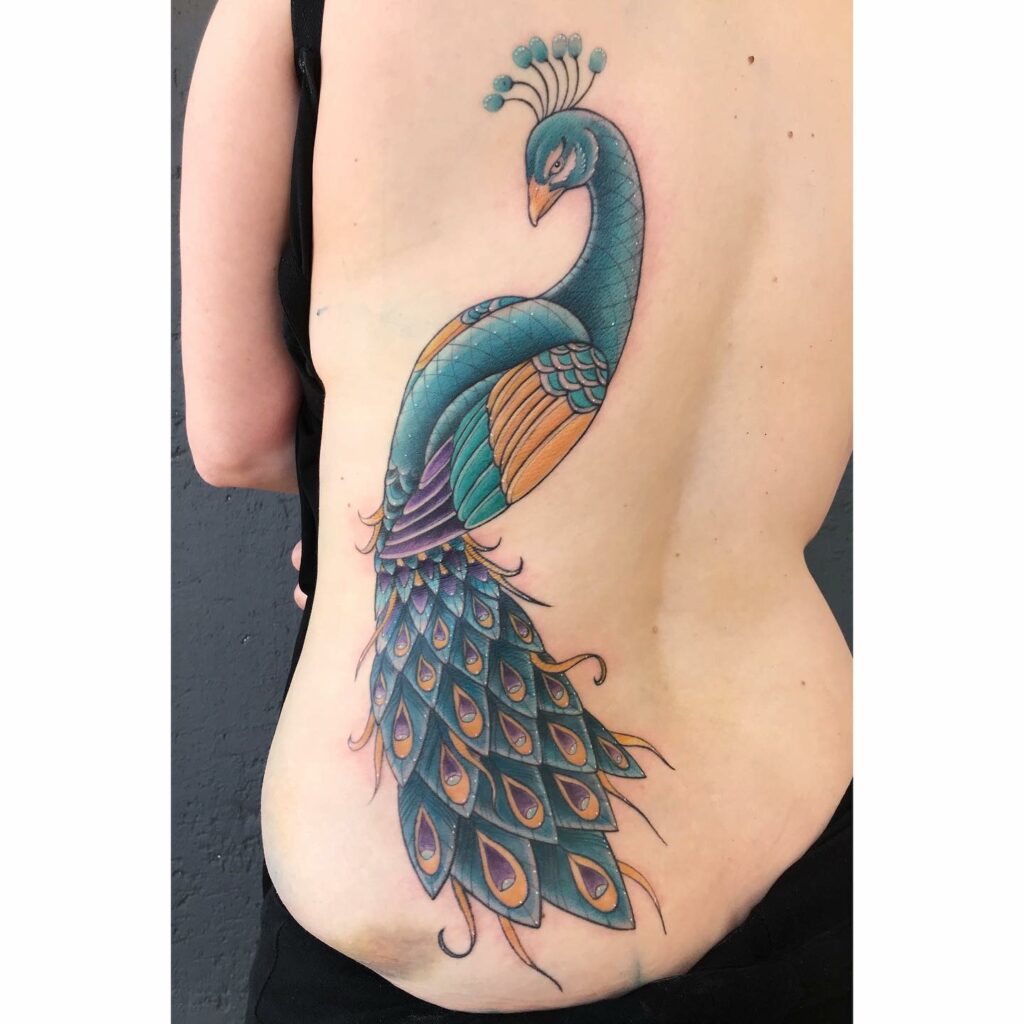 Colourful Peacock Tattoo On Back