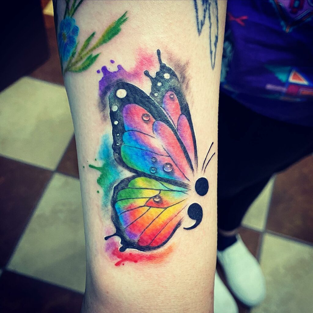Colourful Semicolon Butterfly Tattoo