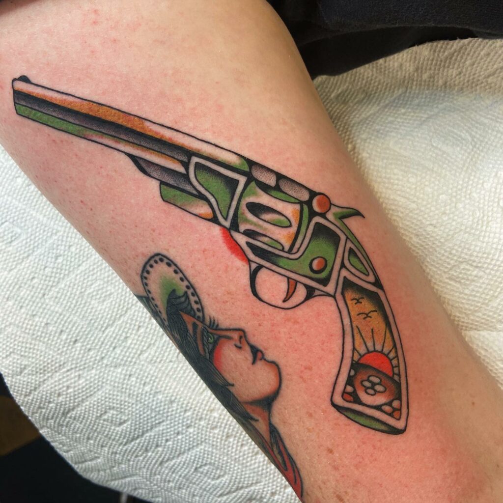 Colourful Western Gun Tattoo Design