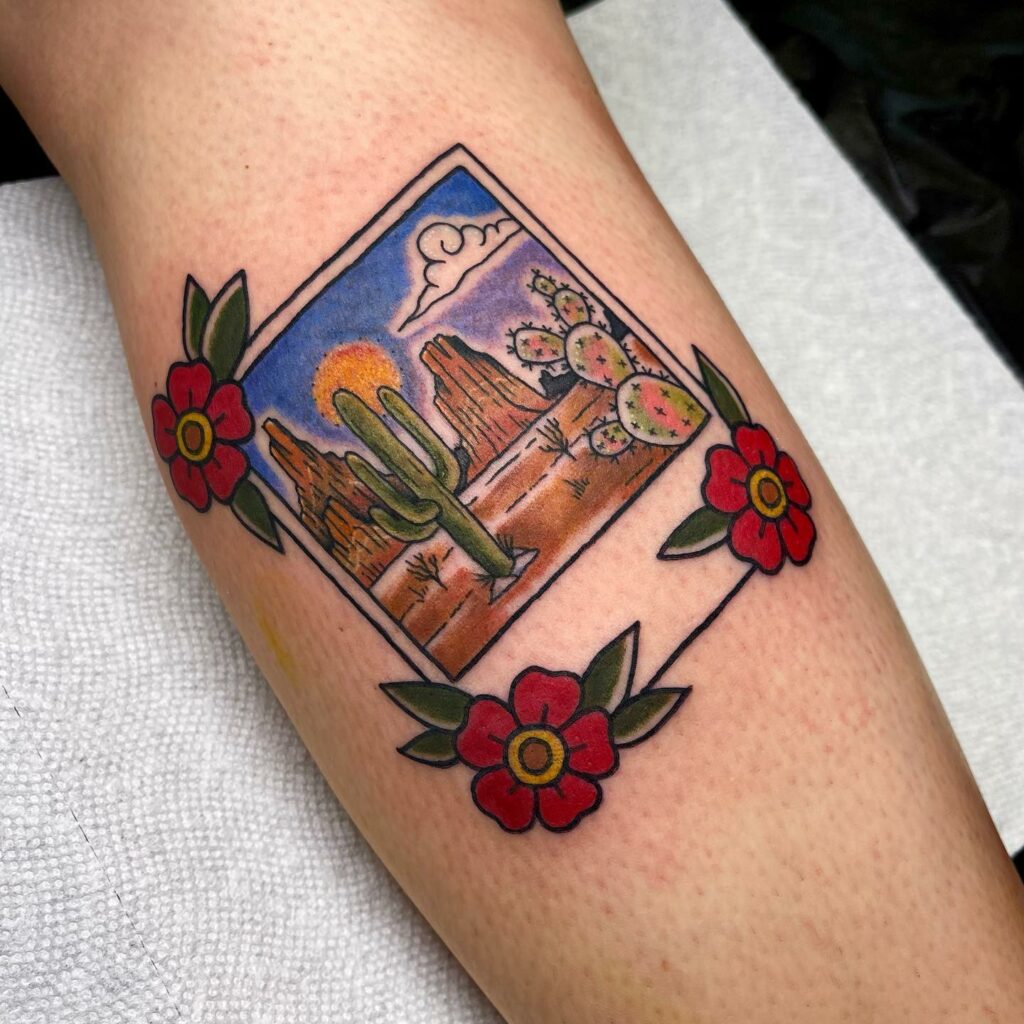 10 Small Western Tattoo Ideas That Will Blow Your Mind   Colourful Western Postcard Tattoo Design 1024x1024 