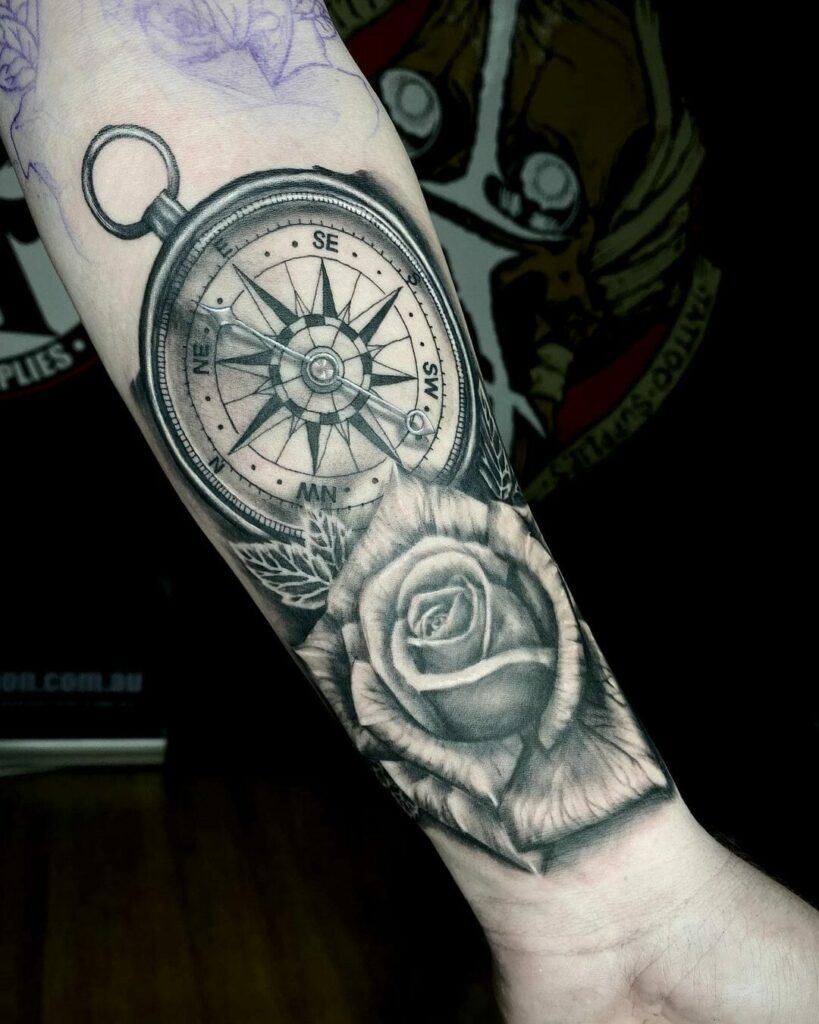 Compass And Rose Forearm Sleeve Tattoo